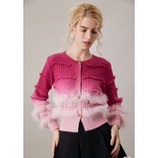 批发小香风粉色渐变毛衣外套女春秋季设计感气质短款毛毛针织开衫上衣