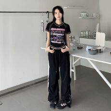批发现货美式高腰显瘦褶皱降落伞裤女夏抽绳宽松垂感休闲工装裤#2144