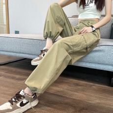批发现货休闲抽绳工装裤女夏季高腰显瘦宽松直筒休闲阔腿束脚裤#2132