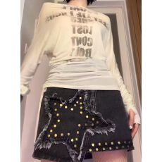 批发美式大码设计感星星铆钉拼接牛仔短裙子女辣妹亚文化不规则半身裙