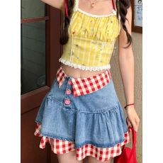 批发美式格子拼接半身裙女夏季潮酷设计感冷门显瘦a字短款牛仔裙