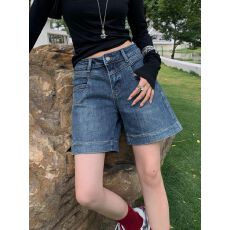 批发美式复古辣妹做旧水洗牛仔裤子女夏季蓝色百搭阔腿直筒五分中裤潮