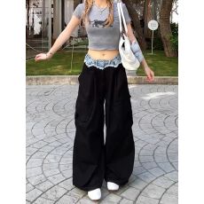 批发美式辣妹设计感牛仔花边拼接休闲裤子女夏复古宽松bf慵懒风拖地裤