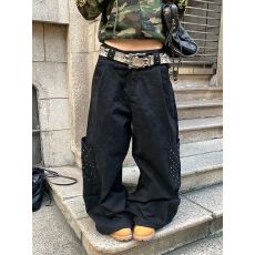 批发美式辣妹设计感铆钉拼接口袋工装裤子女复古宽松bf慵懒风拖地长裤
