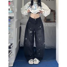 批发美式复古星星印花弯刀牛仔裤<b class='q'>女</b>春秋款高街设计感宽松显瘦阔腿裤子