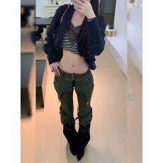 批发美式复古大码做旧叠穿裙片工装裤子女辣妹小众设计感直筒<b class='q'>拖地</b>长裤