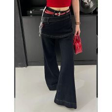 批发美式大码设计感错位拼接屁帘裙裤女辣妹时尚假两件微喇叭<b class='q'>拖地</b>长裤