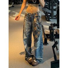 美式大码辣妹设计感格子衬衫打印牛仔裤子女复古个性潮流拖地长裤