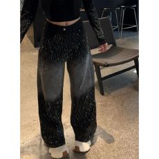 批发美式大码设计感水洗渐变<b class='q'>牛仔裤</b>子女辣妹满天星爆闪<b class='q'>烫钻</b>拼接拖地裤