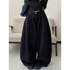 批发美式潮酷设计感气球牛仔裤女春秋<b class='q'>新款</b>宽松休闲显瘦高腰阔腿裤