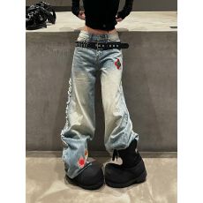 批发美式复古大码设计感花卉刺绣牛仔裤子女辣妹个性<b class='q'>时尚</b>小众拖地长裤