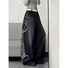 批发美式复古<b class='q'>大码</b>设计感字母印花牛仔<b class='q'>裤</b>子女辣妹宽松bf慵懒风弯刀长<b class='q'>裤</b>