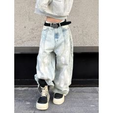 批发美式复古大码做旧水洗竹节纹牛仔裤子女辣妹设计感涂鸦刷漆拖地裤