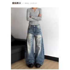 批发美式复古水洗猫须做旧补丁弯刀牛仔裤女<b class='q'>秋</b>季新款高腰阔腿长裤