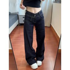 批发美式双腰扣不贴腿微喇牛仔裤女新款小众显瘦百搭低腰直筒裤子