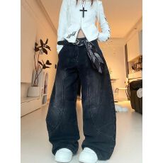 批发美式大码复古解构设计感水洗牛仔裤子女辣妹做旧宽松弯刀阔腿长裤