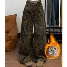 美式高街小众复古豹纹加绒加厚牛仔裤新款高腰设计宽松阔腿拖地裤