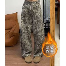 美式豹纹加绒加厚牛仔裤复古辣妹时髦新款设计慵懒弯刀阔腿拖地裤