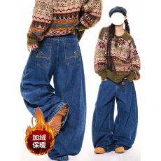批发美式复古加绒加厚水洗蓝色阔腿牛仔裤女秋冬垂感弯刀拖地<b class='q'>裤子</b>