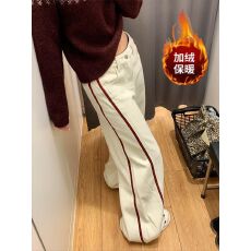 批发美式复古大码拼条设计撞色牛仔<b class='q'>裤子</b>女秋季加绒加厚条纹宽松拖地裤