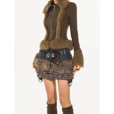 批发美式复古大码豹纹边包臀短裙女春<b class='q'>秋</b>辣妹设计感牛仔拼接半身裙