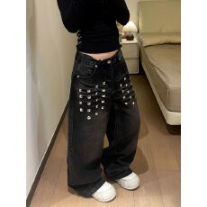 批发大码铆钉朋克黑色<b class='q'>牛仔裤</b>女宽松直筒美式高街水洗加厚设计感裤子潮