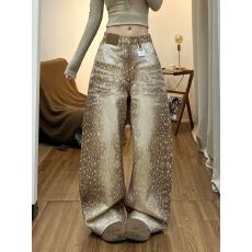 批发美式辣妹设计感撞色刺绣<b class='q'>牛仔裤</b>子女复古做旧小鹿纹印花拖地阔腿裤