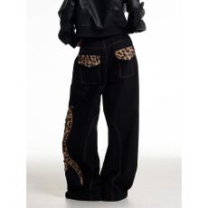 批发美式辣妹设计感豹纹立体刺绣工装裤子女复古宽松bf慵懒风阔腿裤潮