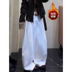 批发美式高街宽松bf慵懒风加绒牛仔裤子女辣妹复古百搭休闲拖地<b class='q'>长裤</b>潮