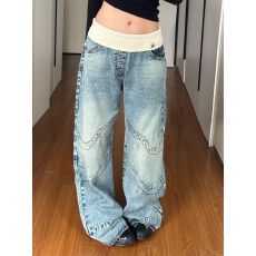 批发美式复古螺纹腰头直筒牛仔<b class='q'>裤</b>女秋冬款高街设计感<b class='q'>宽松</b>显瘦阔腿<b class='q'>裤</b>子