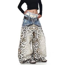 批发美式复古满印豹纹拼接设计<b class='q'>牛仔裤</b>子女街头辣妹个性时髦百搭阔腿裤
