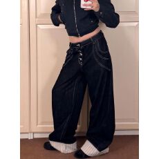 美式辣妹设计感明线撞色裤脚牛仔裤子女复古小众宽松直筒拖地长裤