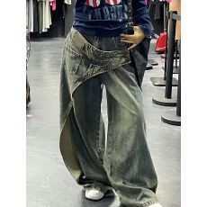 美式高街不规则搭片拼接牛仔裤子女辣妹做旧水洗设计感阔腿拖地裤