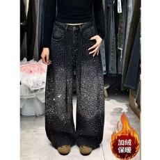 批发加绒美式复古大码时尚百搭亮闪闪<b class='q'>牛仔裤</b>子女辣妹设计感<b class='q'>烫钻</b>拼接裤