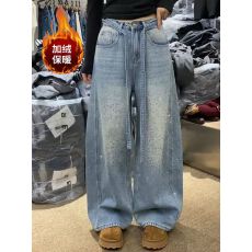 批发美式复古<b class='q'>大码</b>做旧烫钻拼接牛仔裤子女辣妹慵懒松弛感加绒拖地长裤