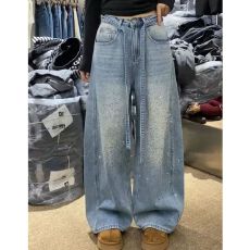 美式复古镶钻牛仔裤女秋冬抽绳设计感宽松显瘦阔腿拖地裤