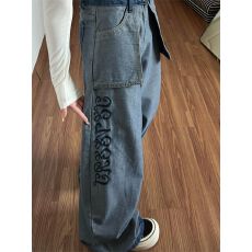 批发美式<b class='q'>大码</b>复古设计感字母刺绣牛仔<b class='q'>裤</b>子女辣妹宽松显瘦百搭拖地长<b class='q'>裤</b>