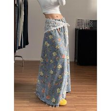 批发美式高街辣妹设计感满印花朵牛仔半身裙子女时尚洋气百搭显瘦长裙