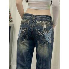 美式辣妹重磅蝴蝶刺绣低腰牛仔裤子女复古修身显瘦微喇叭拖地裤潮