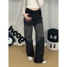 美式复古设计感渐变牛仔裤子女春辣妹雨落星辰爆闪烫钻拖地裤