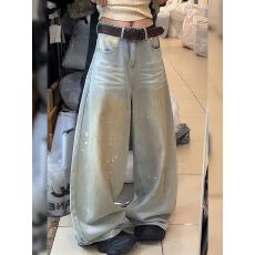 批发美式大码复古做旧满天星烫钻<b class='q'>牛仔裤</b>子女辣妹宽松显瘦百搭拖地裤潮