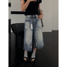 设计感个性水洗泼墨扎染牛仔裤子女春季新款美式辣妹做旧七分中裤