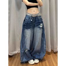 美式复古设计感破洞牛仔裤子女春季新款辣妹宽松bf慵懒风拖地裤潮