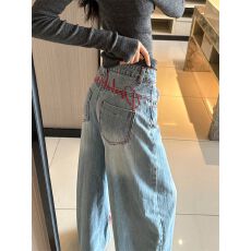 批发设计感小众刺绣牛仔<b class='q'>裤</b>子女春季新款美式辣妹百搭时尚阔腿拖地长<b class='q'>裤</b>