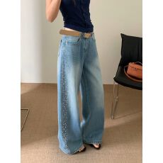大码美式辣妹设计感侧边亮钻牛仔裤子女复古时尚宽松直筒拖地长裤