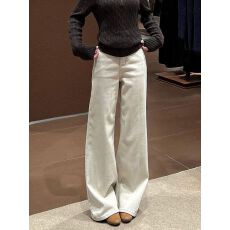 批发米白色直筒微喇牛仔裤女春季新款<b class='q'>时尚</b>百搭高腰垂感人字纹喇叭裤子