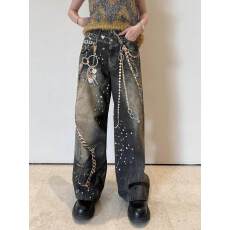 批发<b class='q'>大码</b>3D印花链条吊坠宽松直筒阔腿牛仔裤女vibe高街街头拖地<b class='q'>长裤</b>子