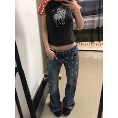 批发大码美式复古星星印花微喇<b class='q'>牛仔裤</b>女春季新款辣妹低腰拖地直筒裤子
