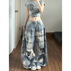 批发美式高街格子拼接破洞牛仔<b class='q'>裤</b>新款女辣妹宽松bf慵懒风拖地长<b class='q'>裤</b>
