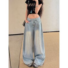 批发美式复古交叉腰斜门襟排扣牛仔<b class='q'>裤</b>女夏薄款辣妹个性宽松阔腿拖地<b class='q'>裤</b>